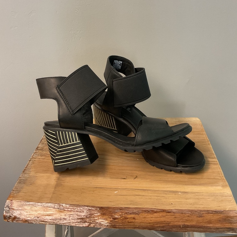 Sorel Black Sandals with Geometric Heel